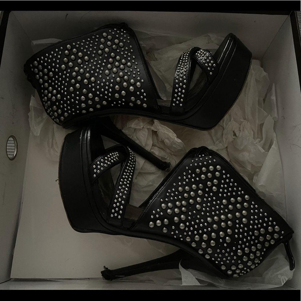 Gorgeous!!! Fav shoe!! Bebe Leni black with silver studs size 6